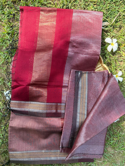 Rust Copper & Red Maheshwari Silk Suit Set with Zari Border