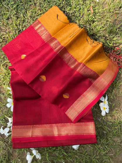 Crimson Red & Mustard Maheshwari Silk Suit Set with Zari Border