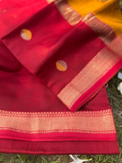 Crimson Red & Mustard Maheshwari Silk Suit Set with Zari Border