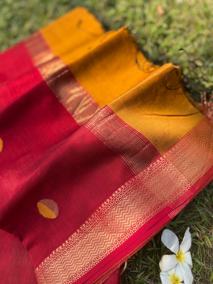 Crimson Red & Mustard Maheshwari Silk Suit Set with Zari Border