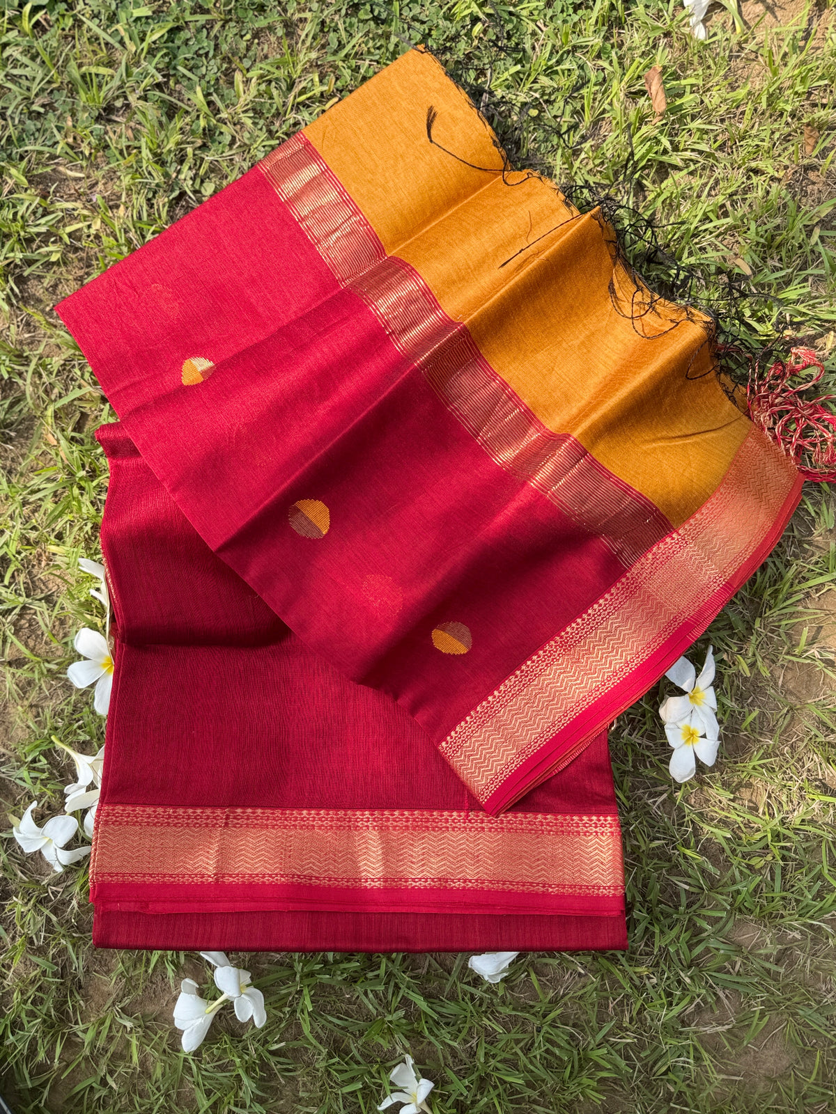 Crimson Red & Mustard Maheshwari Silk Suit Set with Zari Border
