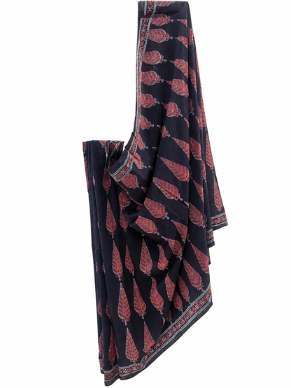 Indigo Blue Mal Mal Cotton Ajrakh Hand Block Printed Saree