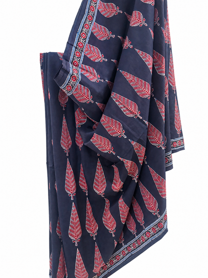 Indigo Blue Mal Mal Cotton Ajrakh Hand Block Printed Saree