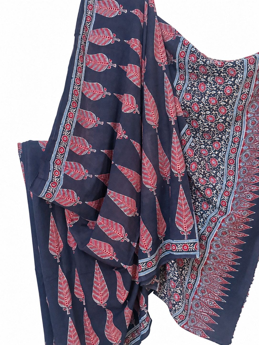 Indigo Blue Mal Mal Cotton Ajrakh Hand Block Printed Saree