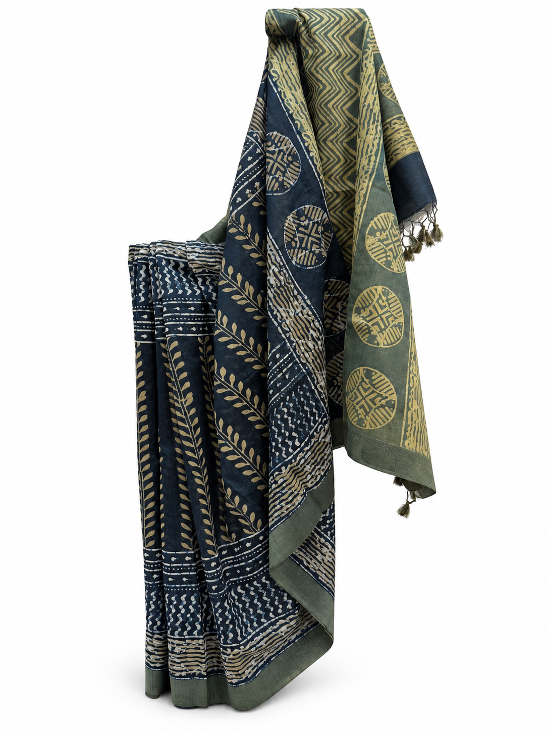INDIGO-OLIVE DABU BLOCK PRINTING CHANDERI SILK WITH TUSSAR BORDER