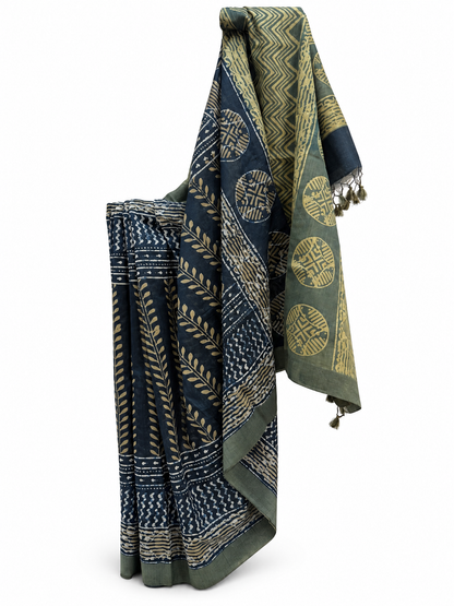 INDIGO-OLIVE DABU BLOCK PRINTING CHANDERI SILK WITH TUSSAR BORDER
