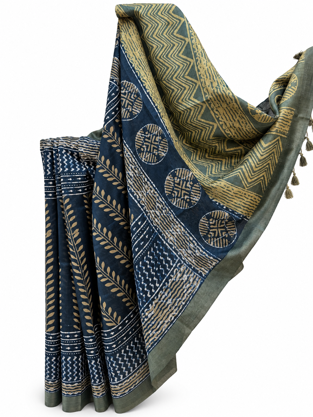 INDIGO-OLIVE DABU BLOCK PRINTING CHANDERI SILK WITH TUSSAR BORDER