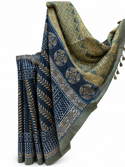INDIGO-OLIVE DABU BLOCK PRINTING CHANDERI SILK WITH TUSSAR BORDER