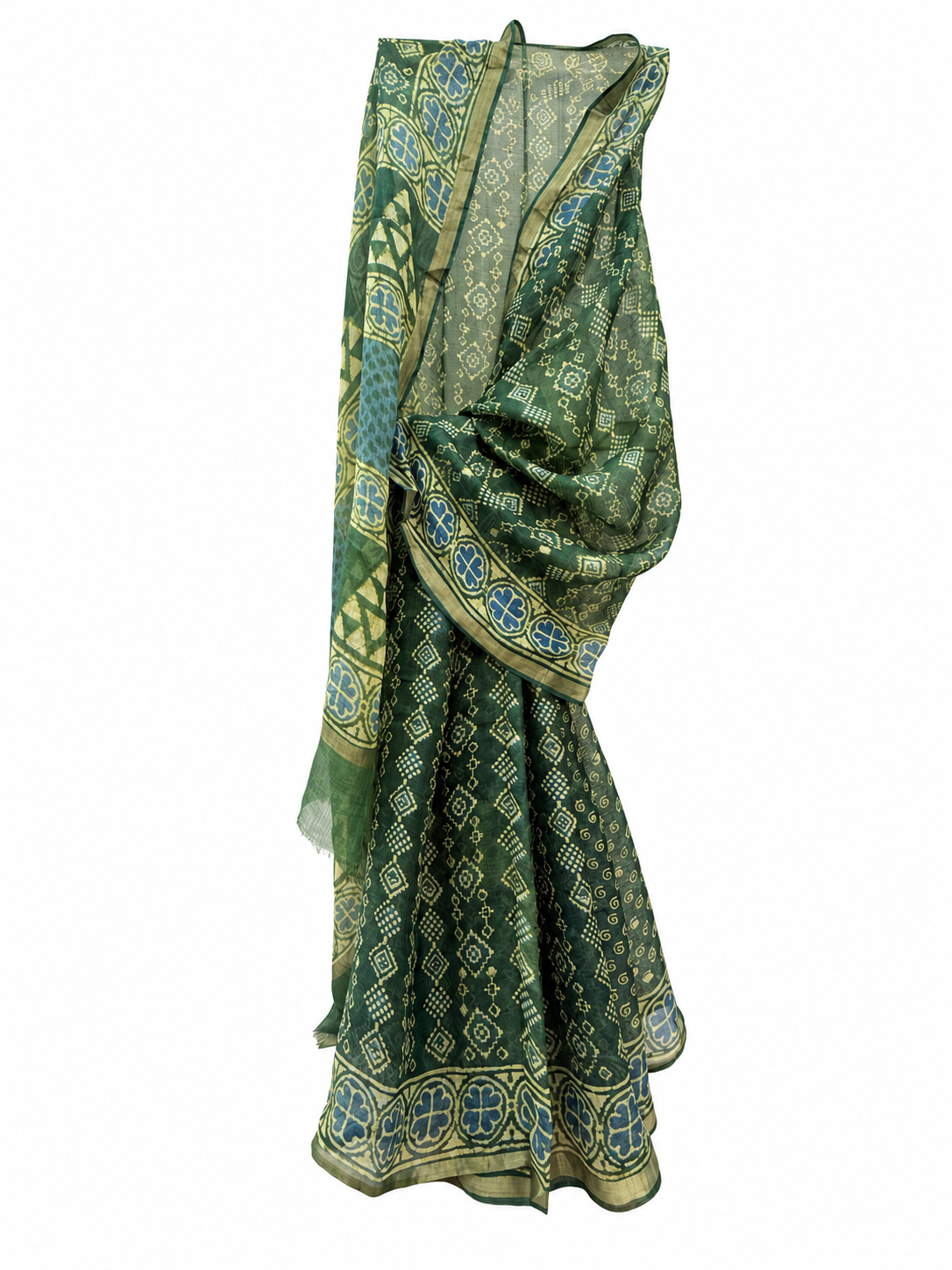 GREEN KOTA SILK DABU BLOCK PRINTED