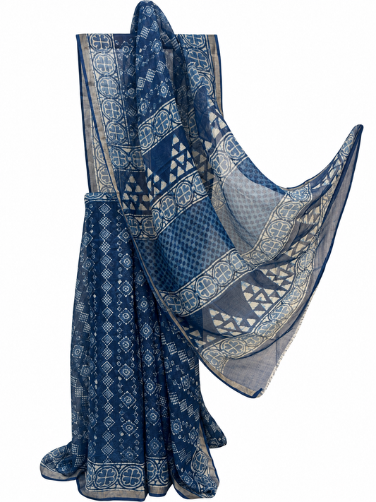 INDIGO BLOCK PRINTED CHANDERI SILK