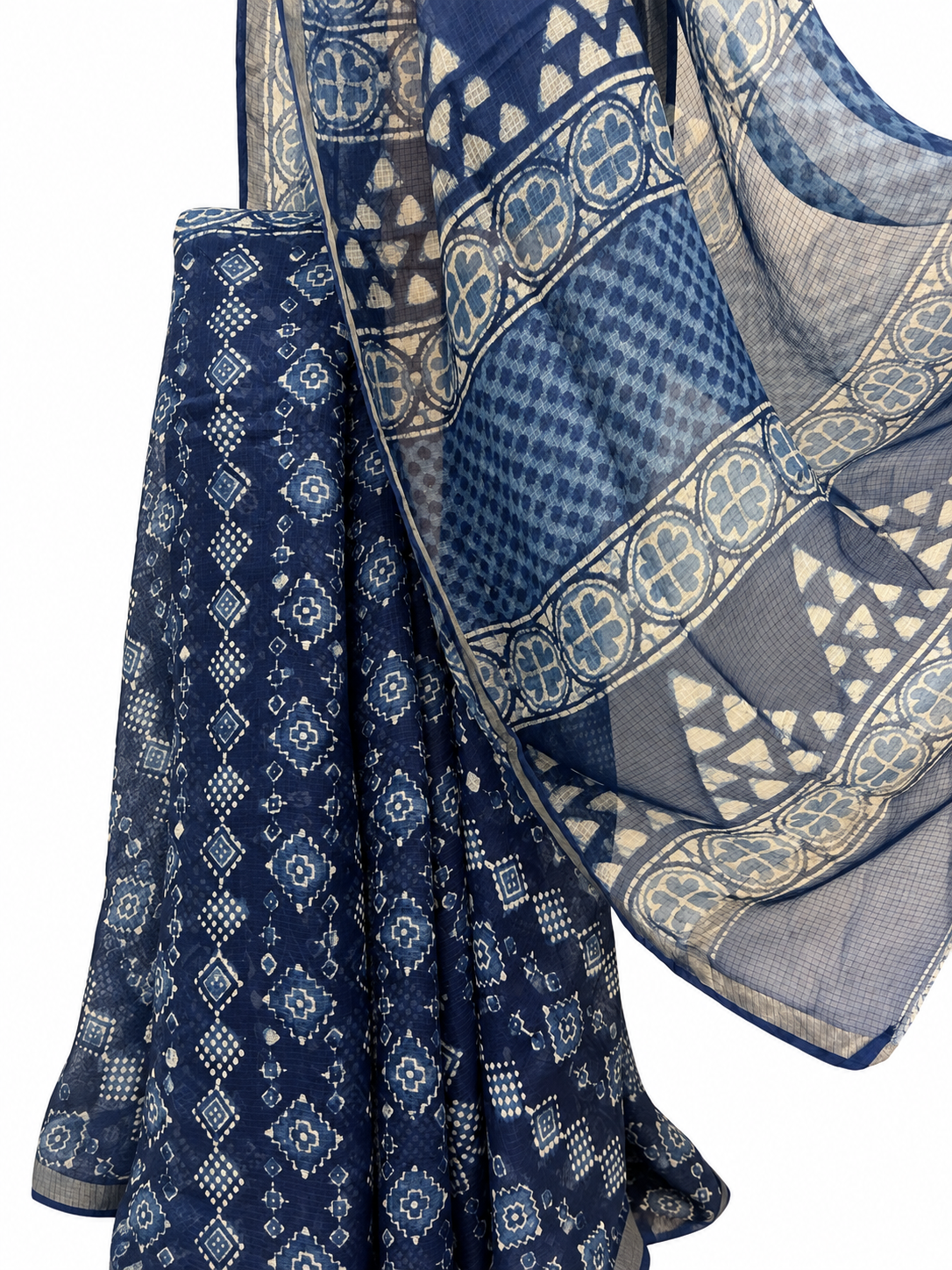 INDIGO BLOCK PRINTED CHANDERI SILK