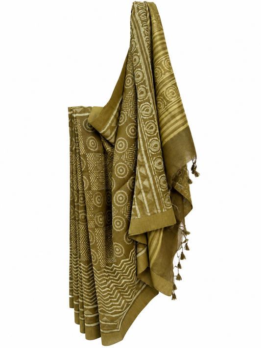 OLIVE DABU BLOCK PRINTING CHANDERI SILK