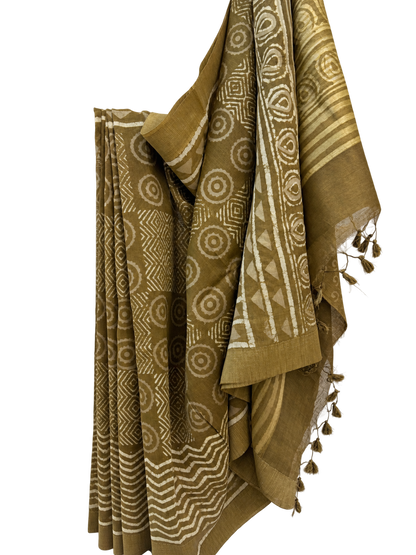 OLIVE DABU BLOCK PRINTING CHANDERI SILK