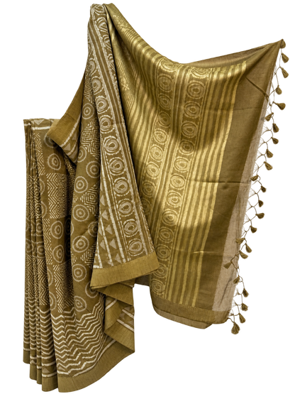OLIVE DABU BLOCK PRINTING CHANDERI SILK