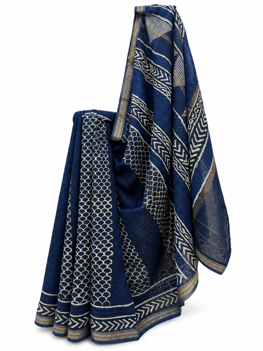 INDIGO BLOCK PRINTED CHANDERI SILK 3