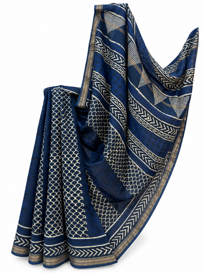 INDIGO BLOCK PRINTED CHANDERI SILK 3