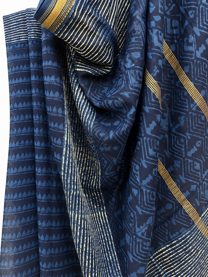 INDIGO BLOCK PRINTED CHANDERI SILK 2