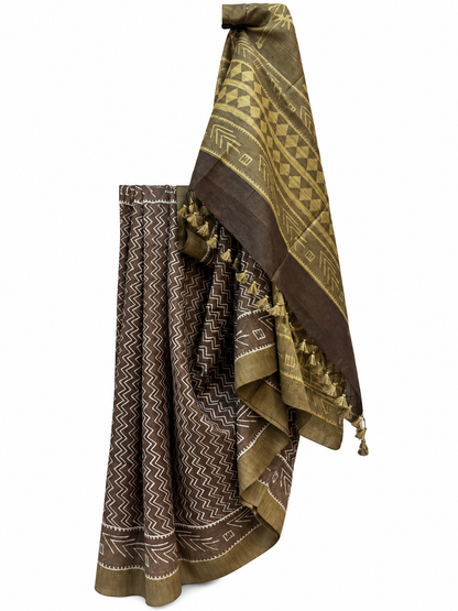BROWN-OLIVE DABU BLOCK PRINTING CHANDERI SILK WITH TUSSAR BORDER