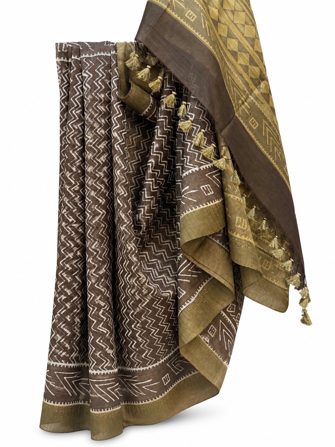 BROWN-OLIVE DABU BLOCK PRINTING CHANDERI SILK WITH TUSSAR BORDER