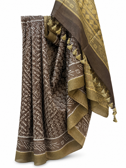BROWN-OLIVE DABU BLOCK PRINTING CHANDERI SILK WITH TUSSAR BORDER