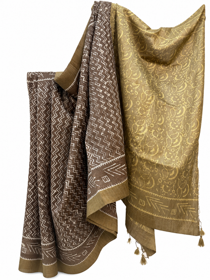 BROWN-OLIVE DABU BLOCK PRINTING CHANDERI SILK WITH TUSSAR BORDER