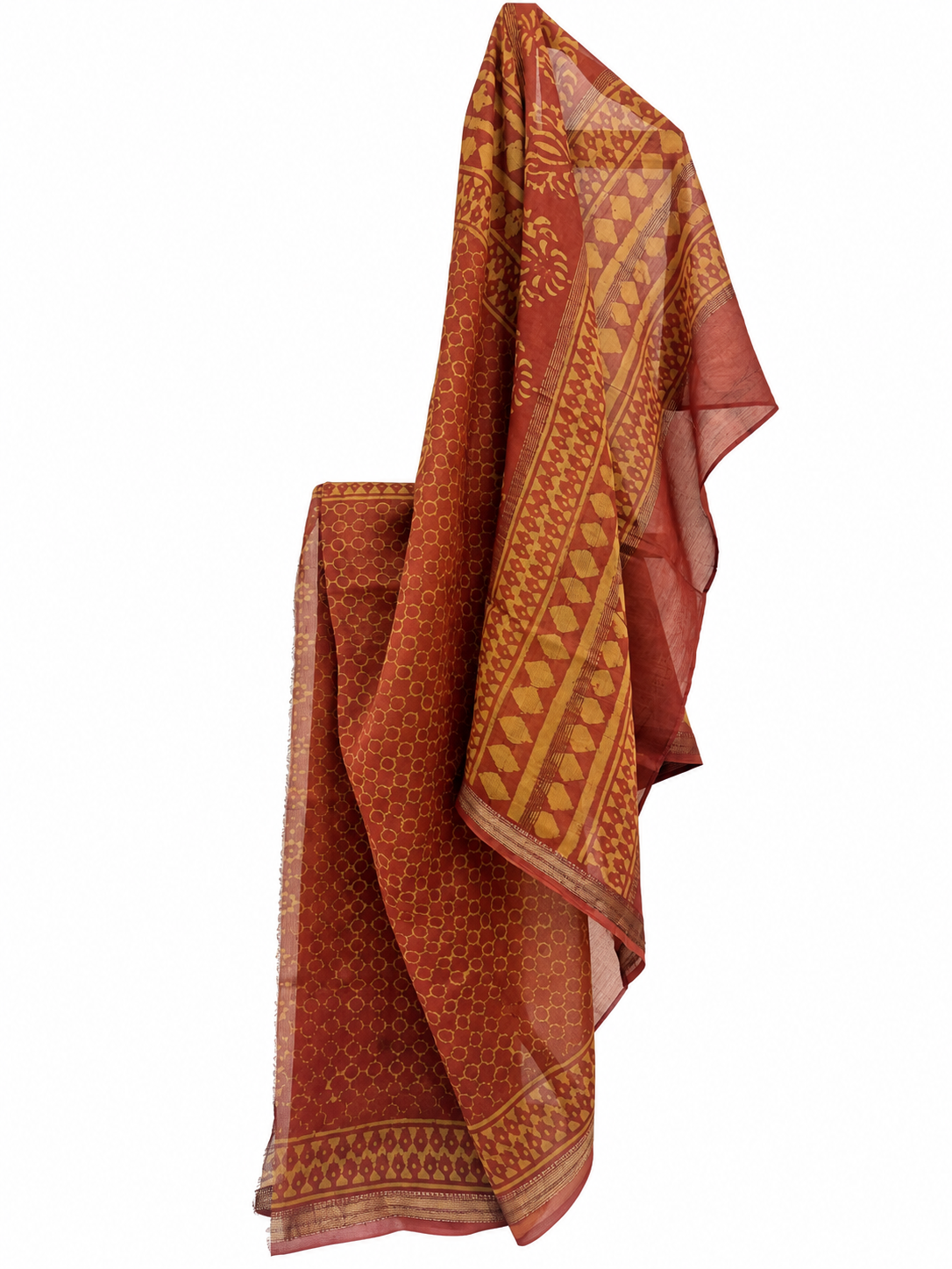 RUSTIC ORANGE BLOCK PRINTED CHANDERI SILK
