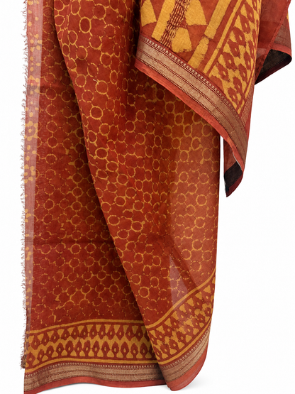 RUSTIC ORANGE BLOCK PRINTED CHANDERI SILK