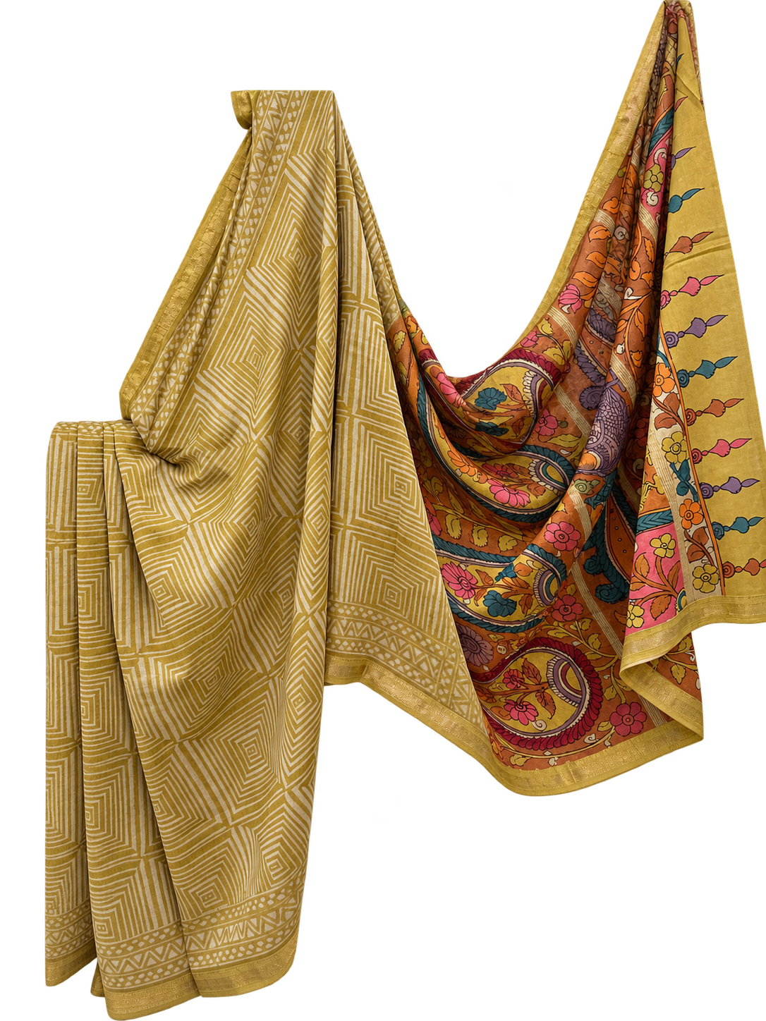 Mustard Yellow Chanderi Silk Saree with Kalamkari Blouse Machilipatnam & Pallu