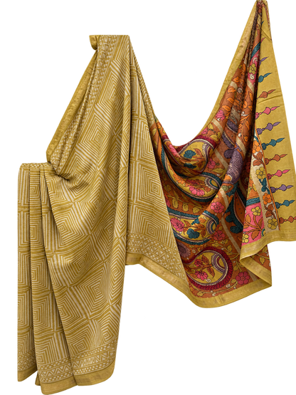 Mustard Yellow Chanderi Silk Saree with Kalamkari Blouse Machilipatnam & Pallu