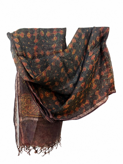 Brown Dabu Hand Block Print Kota Silk Dupatta