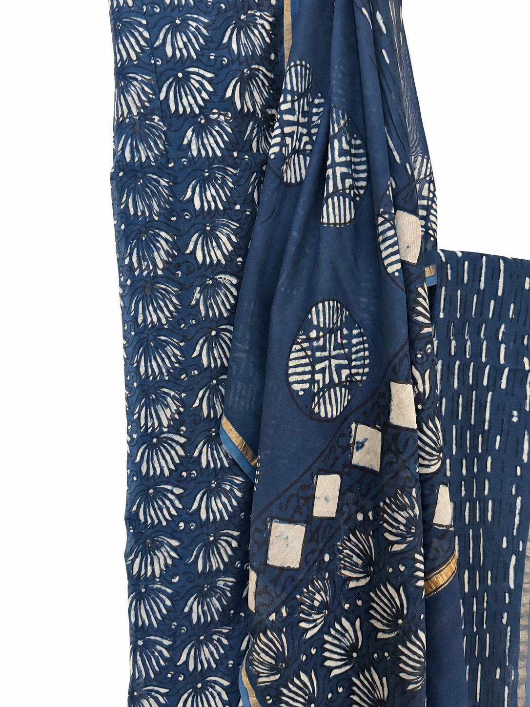 Indigo Blue Dabu Chanderi Silk Suit Set featuring traditional white hand block print motifs, including intricate leaf patterns, circular designs, and geometric details on a rich indigo blue base.