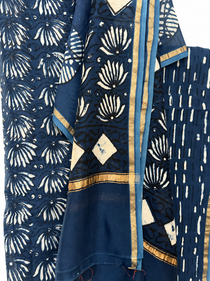 Indigo Blue Dabu Chanderi Silk Suit Set featuring traditional white hand block print floral motifs, geometric patterns, and elegant gold borders, paired with a matching dupatta for a refined ethnic look.