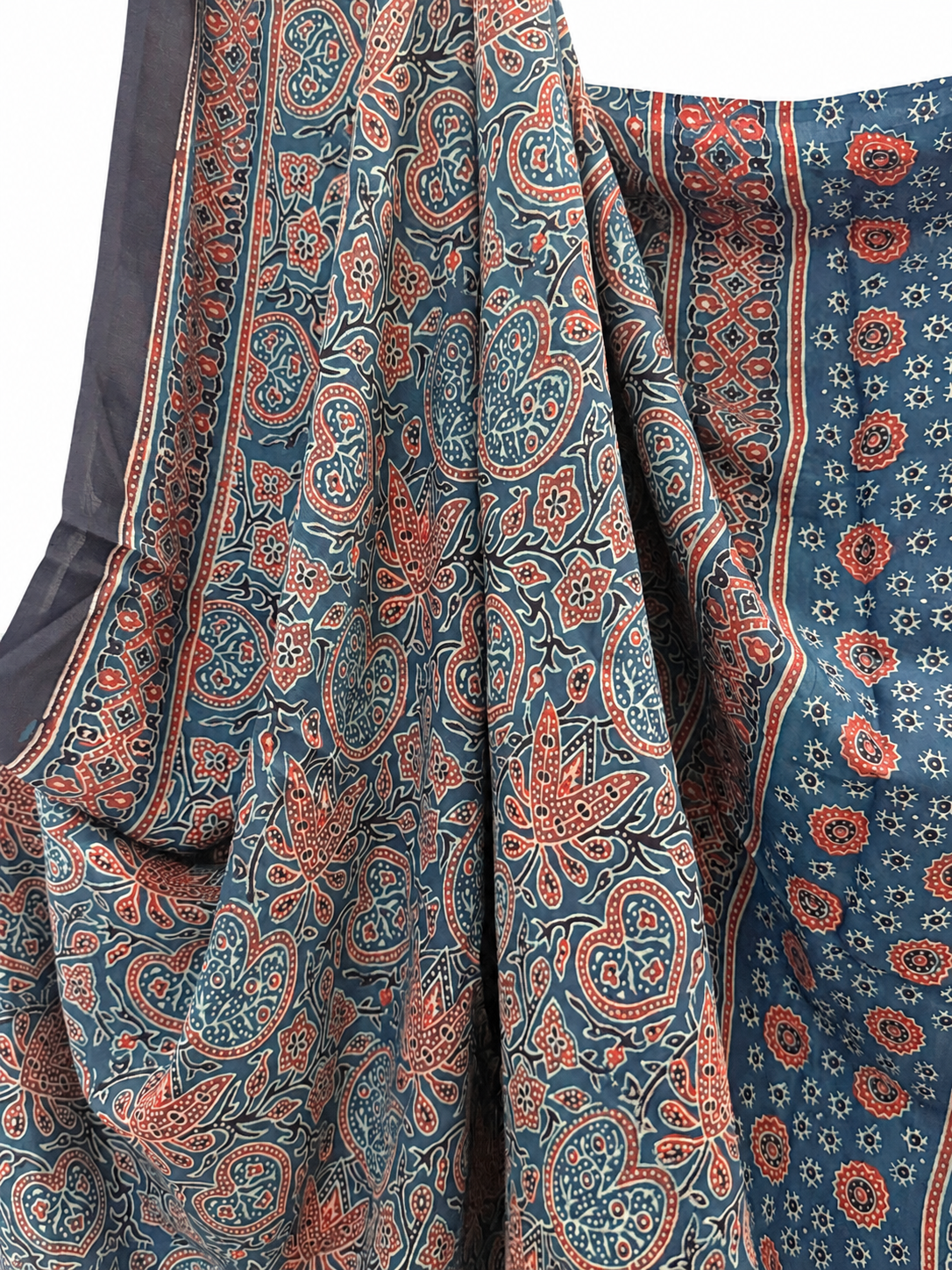 Close-up of indigo blue Ajrakh hand block print Modal silk saree featuring intricate paisley and floral motifs in teal blue, rust orange and black with a dark grey border