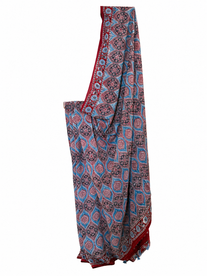Indigo and maroon Ajrakh hand block print Modal silk saree featuring intricate geometric and floral motifs with a traditional red border
