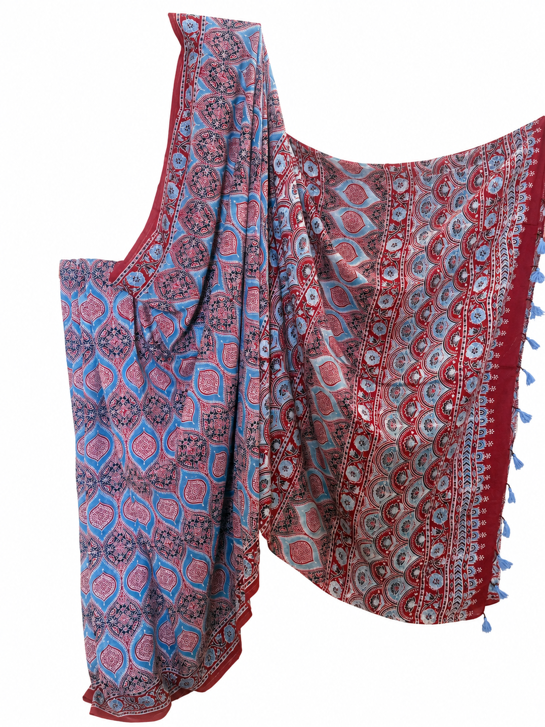 Indigo and maroon Ajrakh hand block print Modal silk saree featuring geometric motifs, intricate traditional patterns and a decorative border with blue tassels