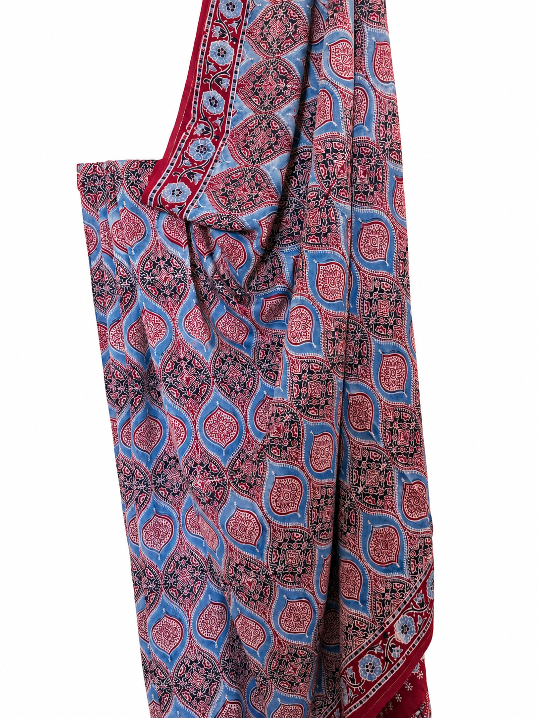 Indigo and maroon Ajrakh hand block print Modal silk saree featuring intricate paisley and floral motifs in blue, red and black with a traditional border