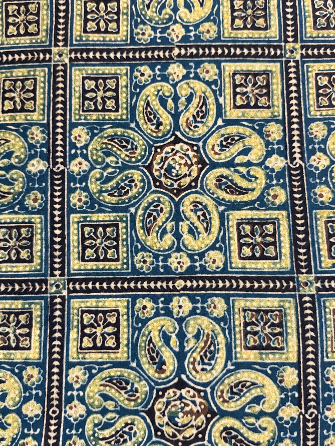 Indigo Paisley Ajrakh Malmal Cotton Hand Block Print Fabric