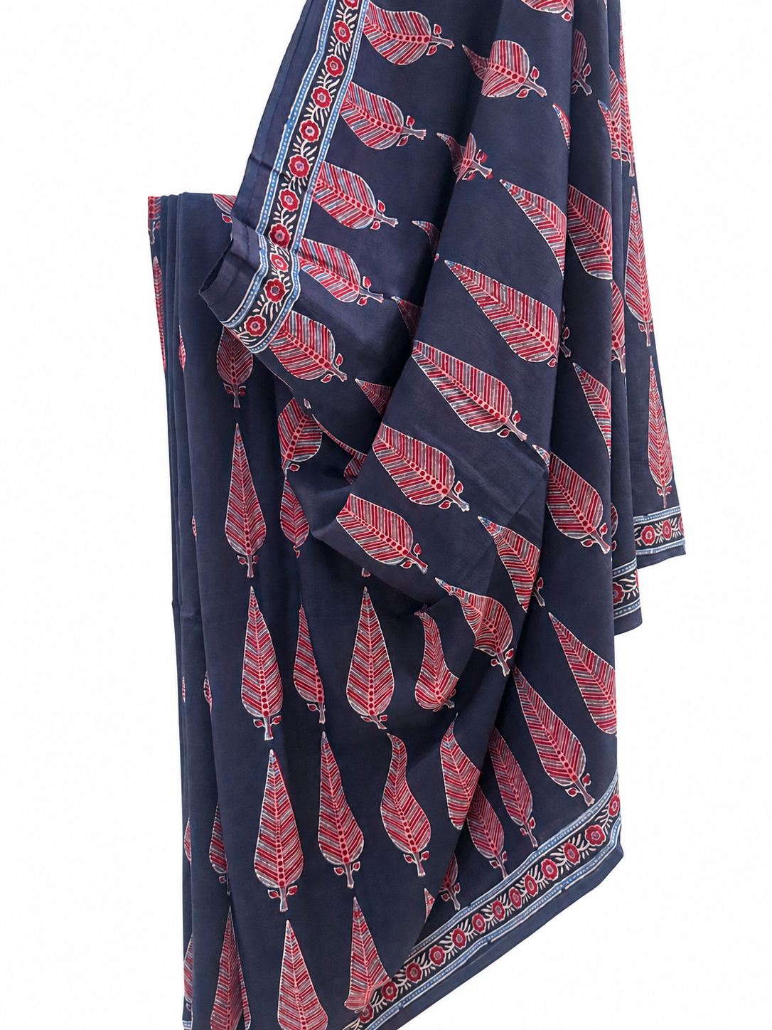 Indigo red Ajrakh hand block print Mal Mal cotton saree featuring repeating red feather motifs and a traditional decorative border