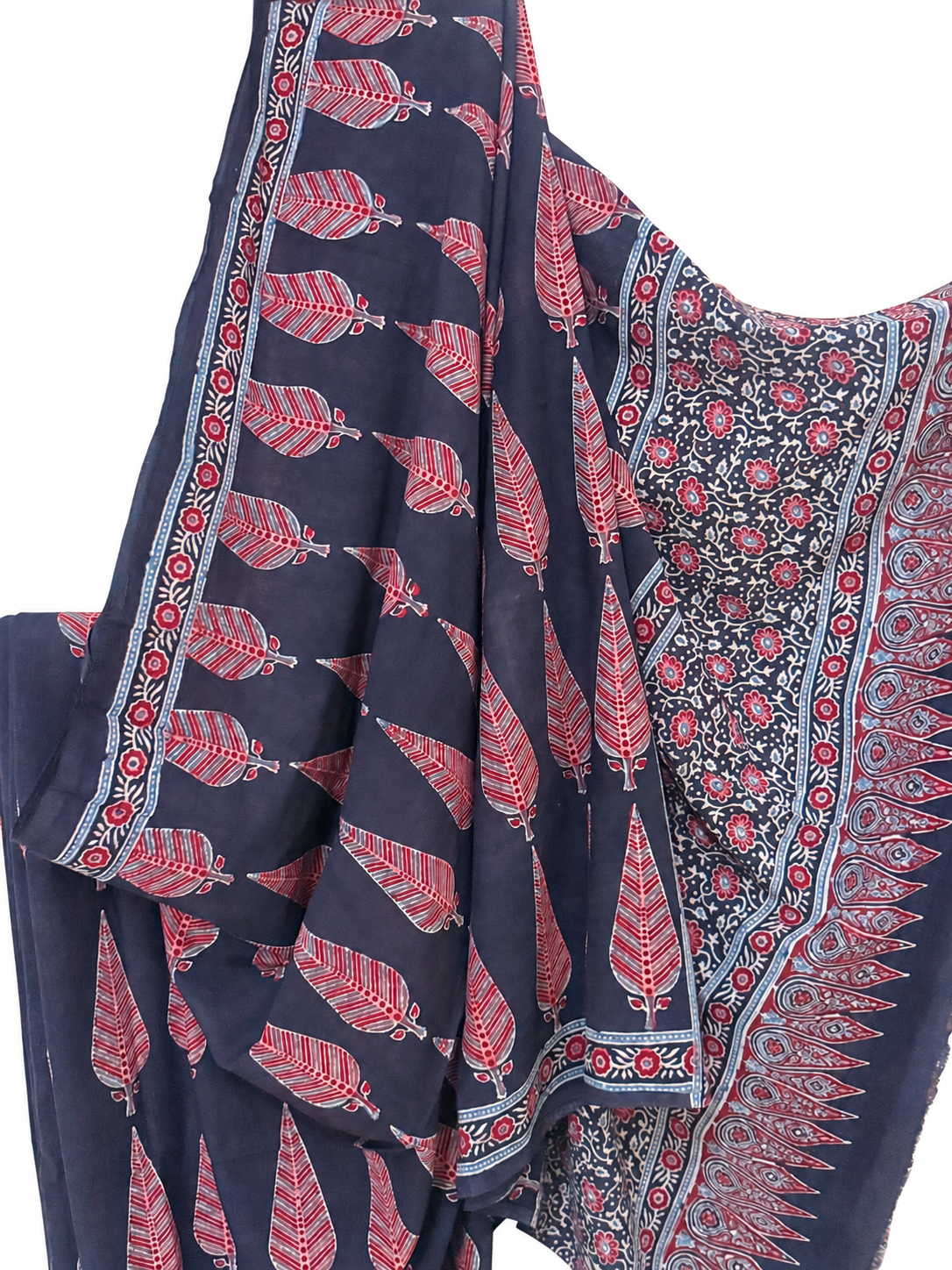 Indigo red Ajrakh hand block print Mal Mal cotton saree with red feather motifs and intricate floral and geometric pallu design