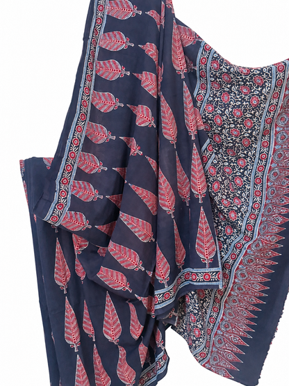 Indigo red Ajrakh hand block print Mal Mal cotton saree featuring red feather motifs, intricate floral patterns and a decorative border