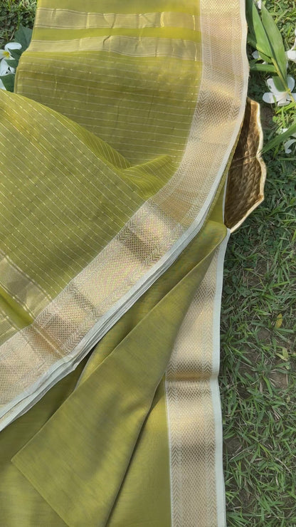 Olive Green Maheshwari Silk Saree with Golden Zari Border