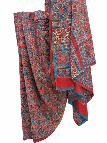 Red and indigo Ajrakh hand block print Mal Mal cotton saree featuring intricate floral and geometric motifs with a traditional decorative border
